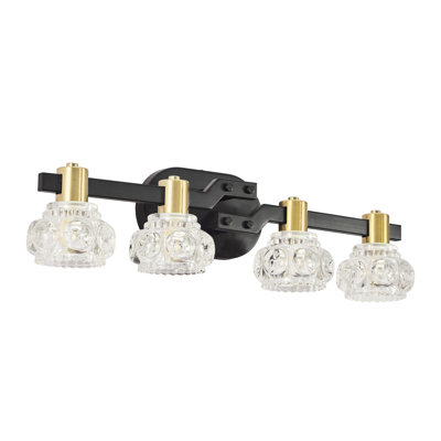4 - Applique murale en cristal, fer noir, éclairage rétro pour la salle de bain et le couloir, écoénergétique, facile à installer, 4 lumières de style rétro, abat-jour en cristal, mat + doré, comptoir de meuble-lavabo, économie, installation