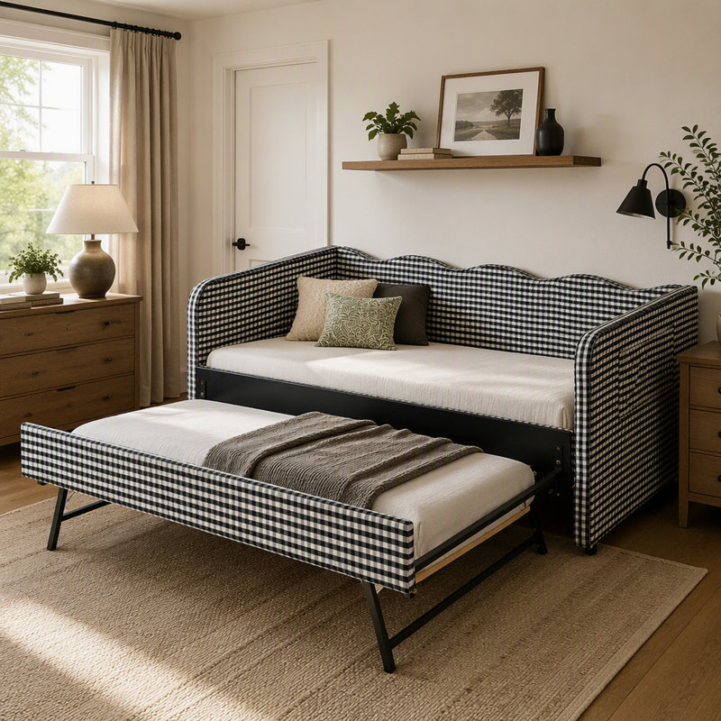 Lit de jour simple Gingham avec lit gigogne convertible 3-en-1, Black