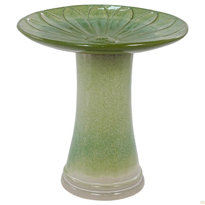 Handmade Glazed Ceramic Bird Bath, 17" Daisy Petal Embossed Tray & 18" Pedestal Base, Off-White To Sage Green Ombre Gradient Glaze Outdoor Bird Feeder For Yard, Lawn, Patio & Backyard