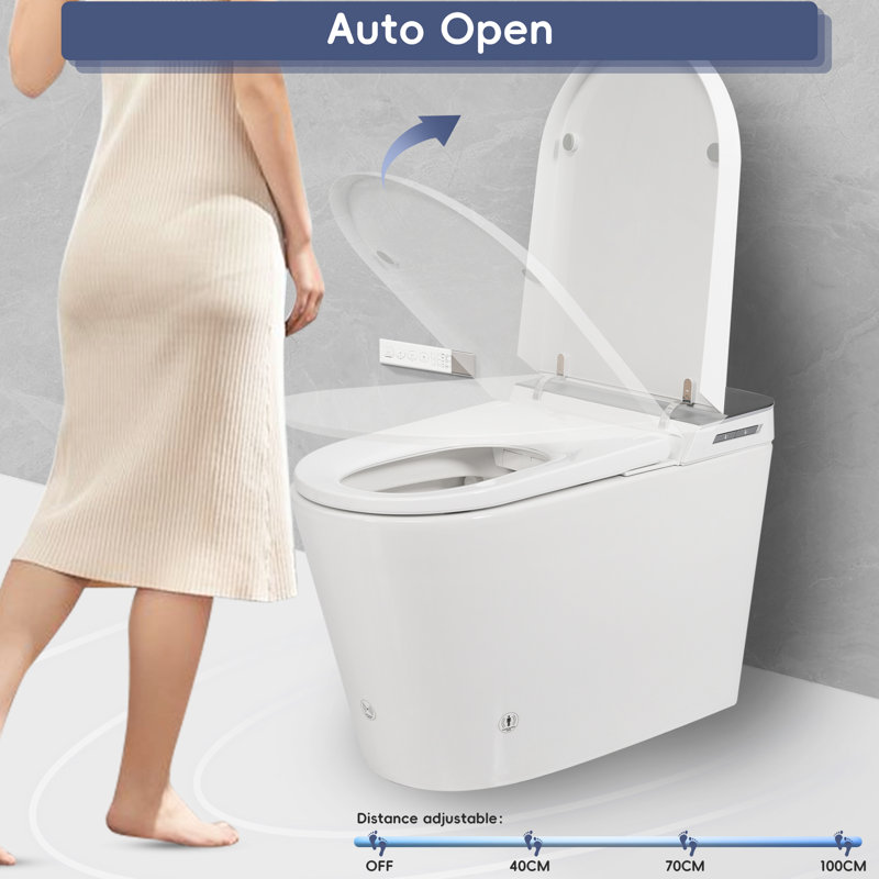 Automatic Toilet With Built - In Bidet, Wider Warm Water Wash And Dry, Foot Sensor Operation, Led Indicator, Remote Controlled, White Color. Four Level Radar Sensing Distance, Various Washing Modes,
