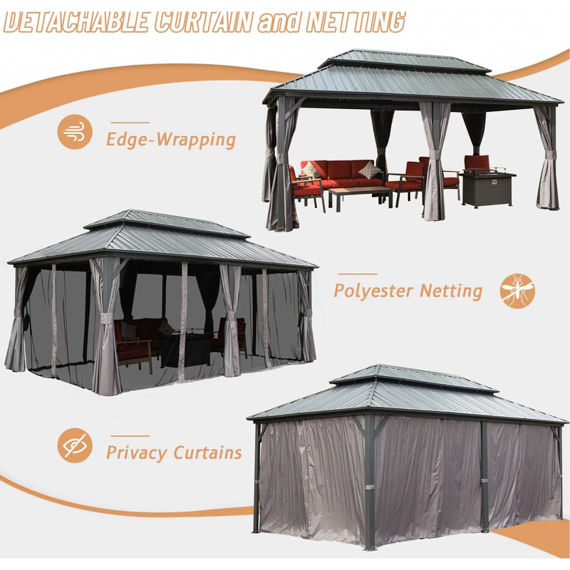 Gazebo de 3,65 m x 6,10 m, structure en aluminium, toit double en acier galvanisé, filet de protection pour pelouse, rideaux de terrasse