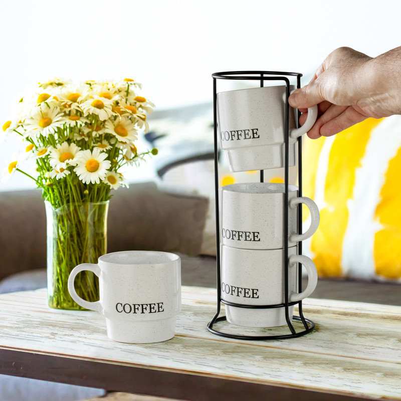 Ensemble de tasses à café blanches empilables avec support