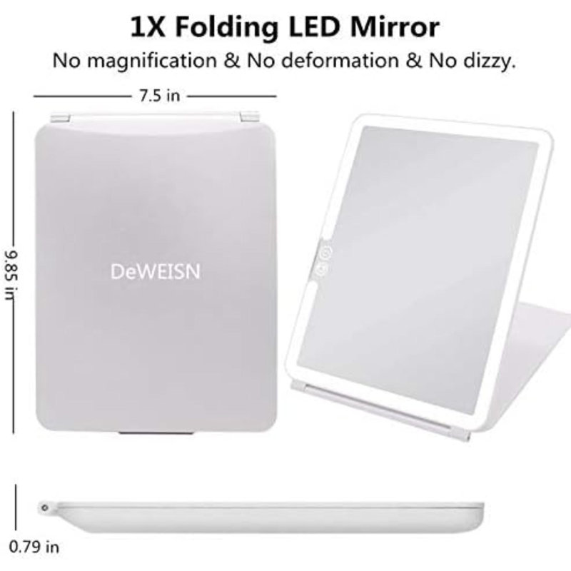 Miroir de maquillage pliant éclairé avec 72 lumières à DEL 3 couleurs 3 modes USB rechargeables 1800Ma Miroir de salle de bain portable ultra mince et compact