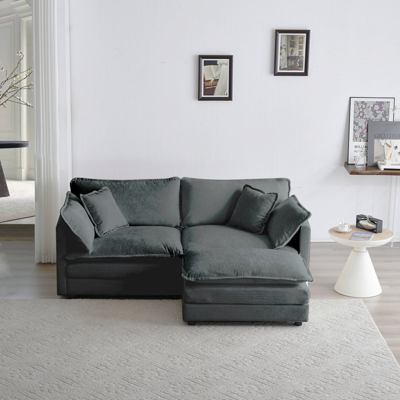 Canapé à deux places en chenille avec 1 repose-pieds, canapé modulaire en forme de L 2 places avec repose-pieds, causeuse avec repose-pieds pour petit espace de vie, chenille grise