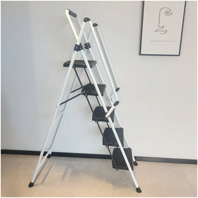 ladder, folding ladder stool, with anti slip wide pedals, steel ladder, with safety anti slip handle, lightweight 330 pound portable steel ladder stool in White 5 steps