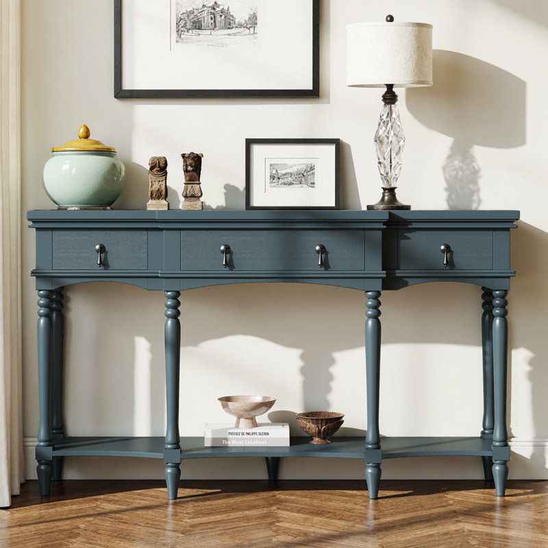 Console Traditional Traditional - 3 tiroirs à fermeture en douceur et tablette inférieure, structure en bois massif, pieds romains tournés, poignées en cuivre rétro, bleu pour le vestibule / le couloir / le salon