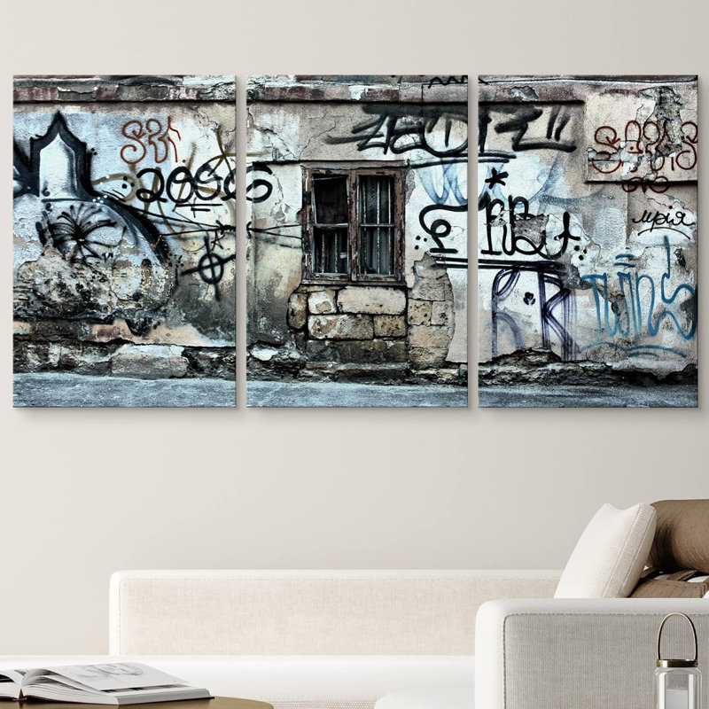 Abandonné bâtiment triptyque graffiti et art urbain de rue pittoresque urbain 3 pièces, H 36 po x l 72 po x P 1,5 po