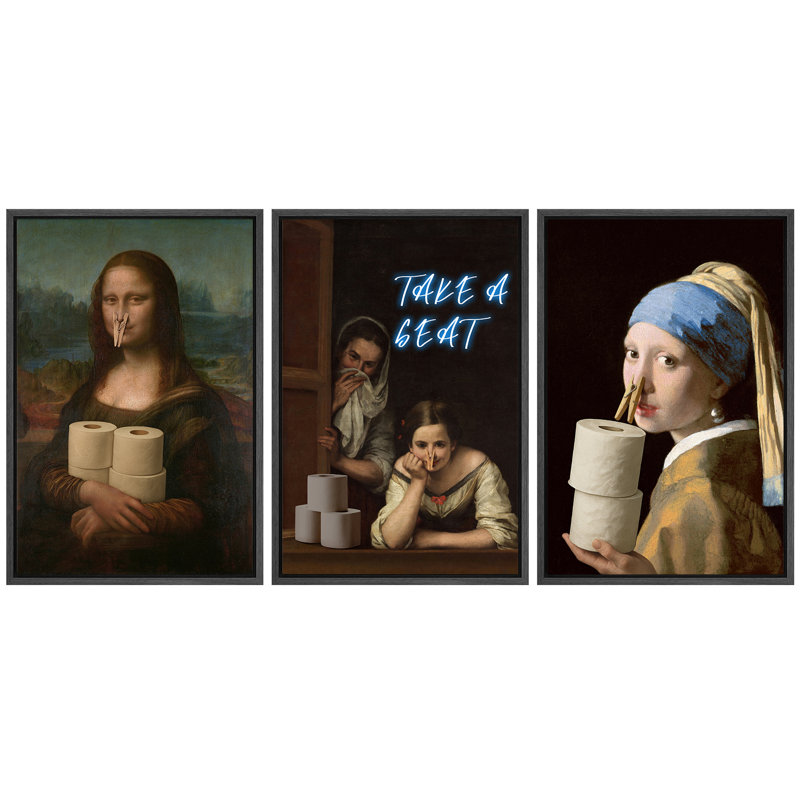 Amusant ensemble d'art mural classique sur toile, impressions encadrées mettant en vedette Mona Lisa, fille avec une boucle d'oreille en perles et plus pour une décoration de salle de bain ou de toilette d'invité excentrique