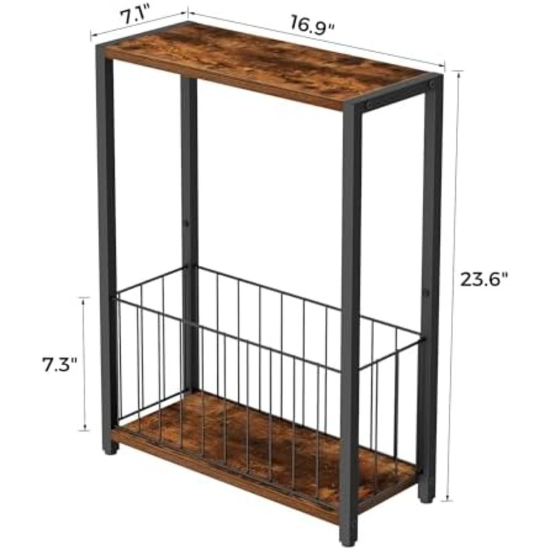 Table d'appoint étroite avec porte-revues, table de chevet mince | Design gain d'espace, petits espaces, tablette de rangement, structure en métal, montage facile, 18 cm P x 43 cm L x 60 cm H, brun rustique