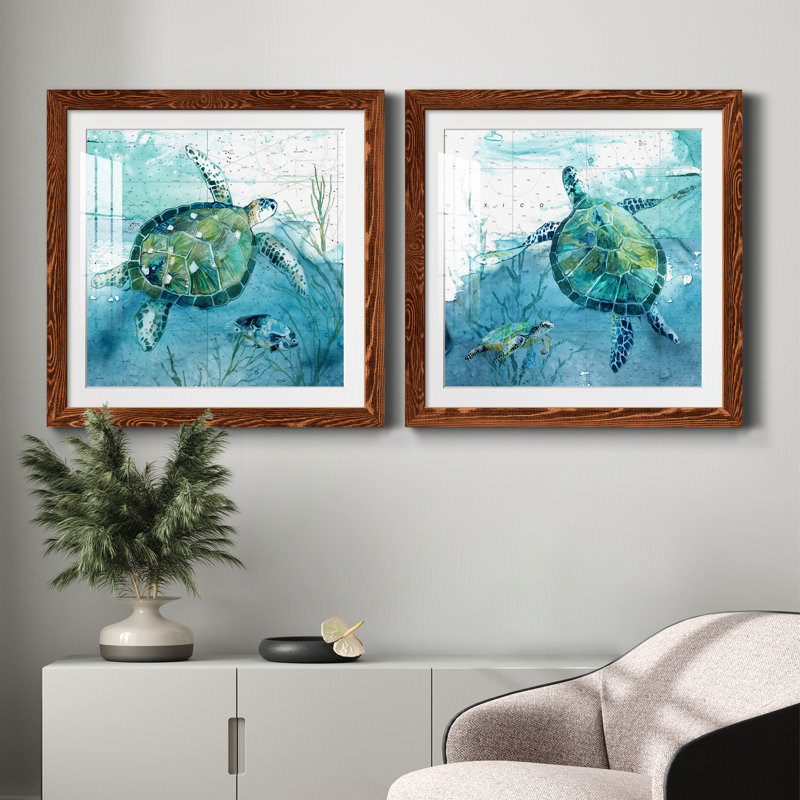 «Island Swim I», ensemble de 2 peintures, Papier dans un cadre photo, H 17 po x l 34 po, Noyer