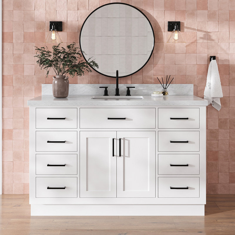 Thornaby 54'' Solid Wood Single Bathroom Vanity with 1.5'' Carrara Marble Top Sink, White / Matte Black, Rectangular