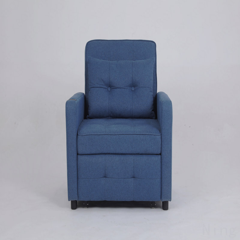 Fauteuil-lit inclinable 3-en-1 en lin bleu marine - ports USB, poche latérale, canapé-lit escamotable, Bleu