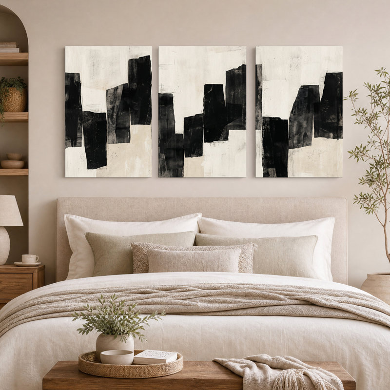 Ensemble de 3 tableaux abstraits verticaux noirs et beiges sur toile, 30"H x 20"W x 3pcs