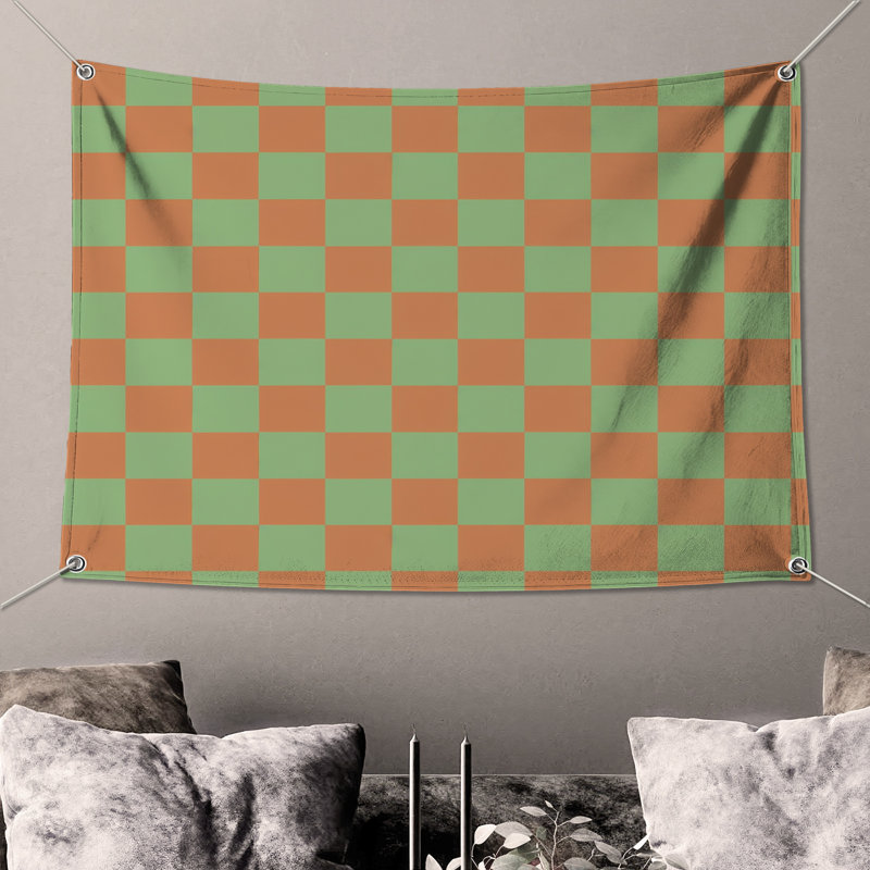 Tapisserie murale verte et orange à damier - Décoration murale damier, 50in H x60in W with 4 Grommets