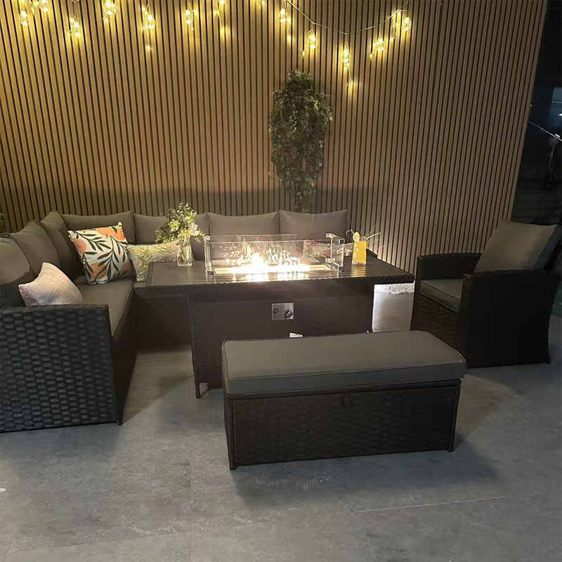 Rosen 9 Seater Corner Sofa Set With Fire-pit Dining Table With Storage Box And Armchair& Rain Cover, Black