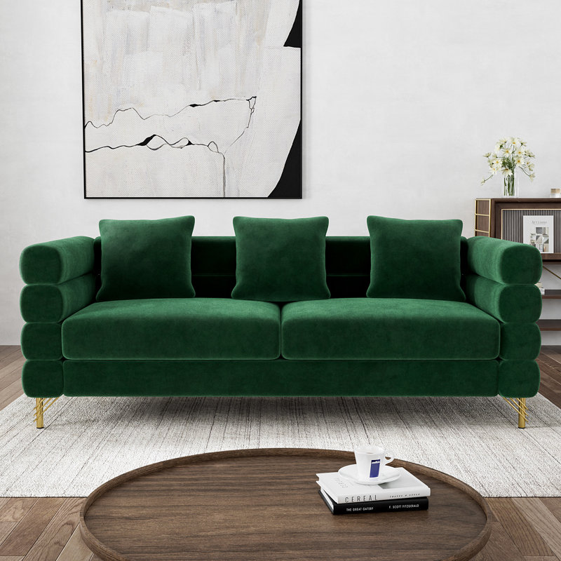 79" Modern 3 Seater Teddy Fleece Linen Blend Sofa With Gold Hardware Legs, Green Velvet