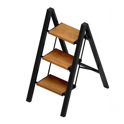 3 Step Stool Foldable,Aluminum Step Ladder-BlackWoodgrain