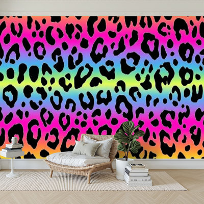 Peel and Stick Wallpaper 96" W x 69" H Modern Self Adhesive Wall Mural for Bedroom Rainbow leopard skin seamless Holographic colorful neon gradient