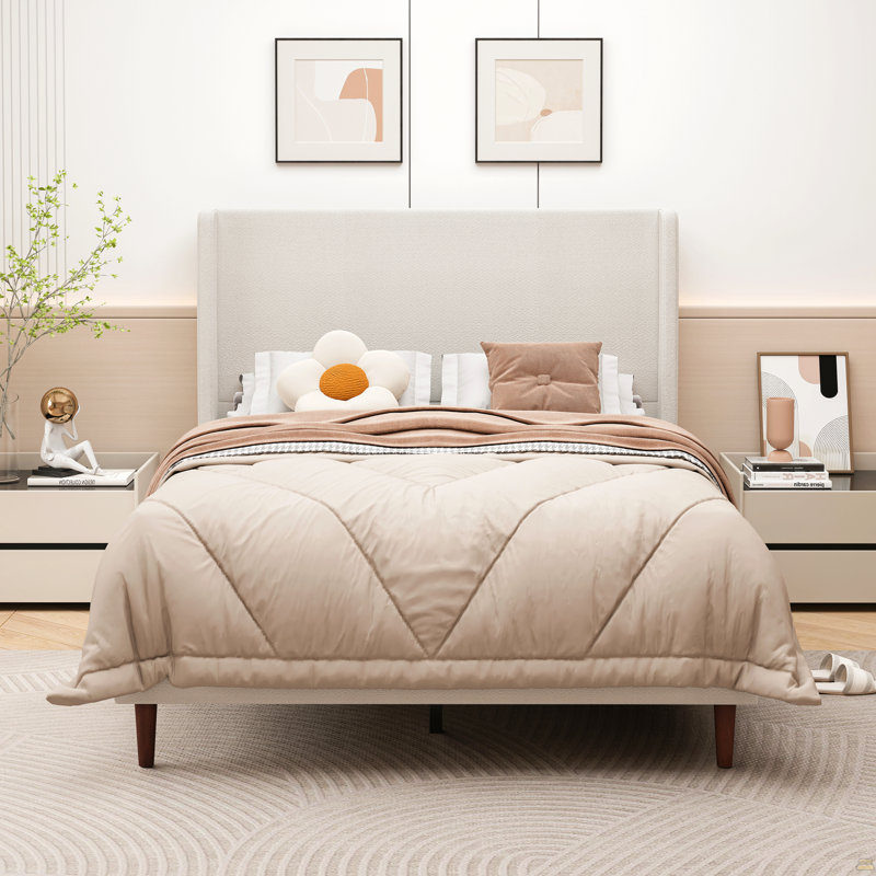 Lit tapissier à tête de lit haute, cadre de lit grand, support à 12 lattes, beige, tissu chenille facile à assembler, aucun sommier requis