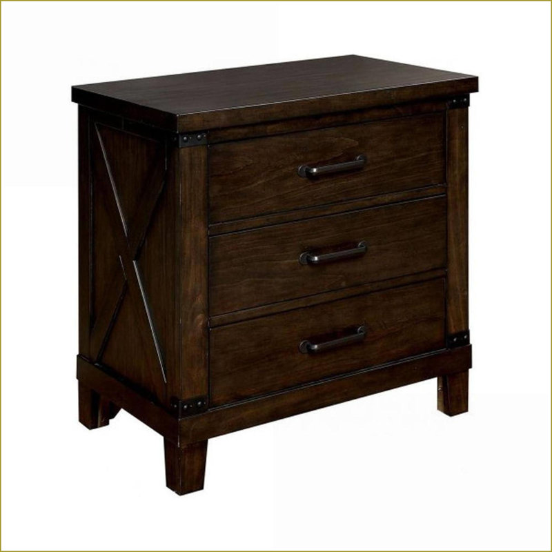 Table de chevet rustique en bois de noyer foncé à 3 tiroirs avec poignées noires