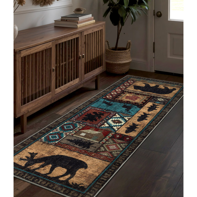Rustic Lodge Cabin Machine Washable Area Rug with Wildlife Motifs, Runner 2' x 6'
