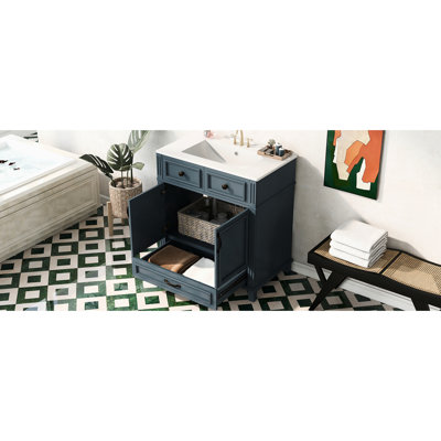30'' Blue Bathroom Vanity, Retro Design, Solid Wood Frame, Glossy Ceramic Basin, Soft - Closing Doors, Ample Storage, Exquisite Metal Handle, Unique Pattern Vanity With Sink, Boards, Mechanism,