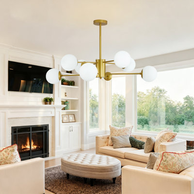 35" Modern Gold Chandelier With White Glass Shades - 8-light Mid-century Branching Design For Dining Room, Living Room, Or Bedroom