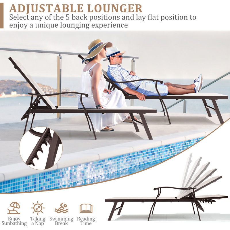 Aluminum 6-position Adjustable Outdoor Chaise Lounge Chair (Set of 2 ), Beige/Black