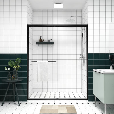 Aluminum Alloy Double Sliding Shower Door With 1/4" (6mm) Clear Tempered Glass, Safe Design, Waterproof Easy Installation For Bathroom Mute Rollers, Reversible