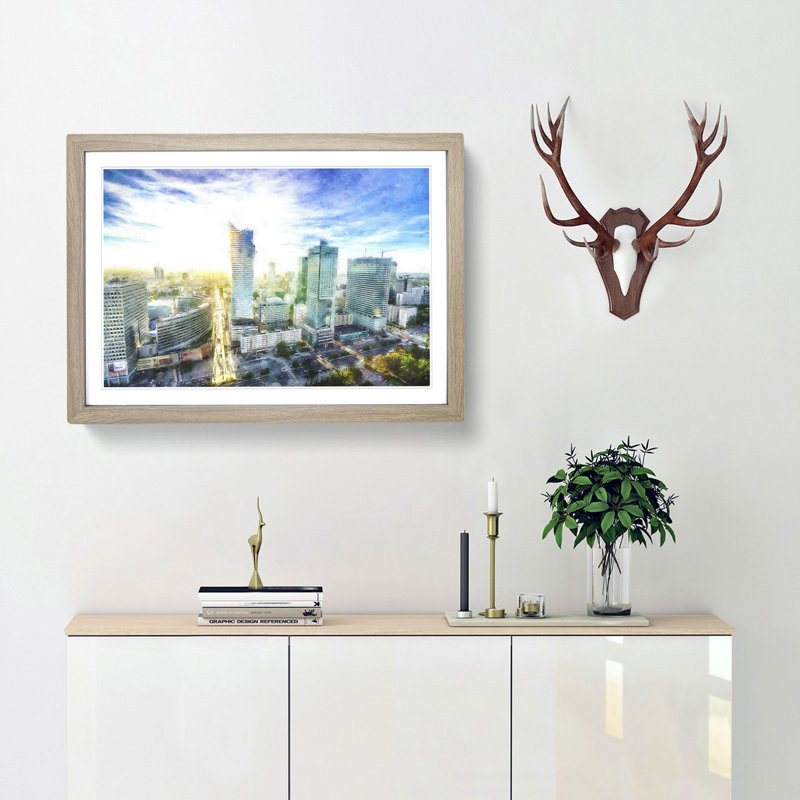 Skyline of Warsaw in Poland - Picture Frame Painting Print, Oak Framed, 24cm H x 33cm W x 2cm D