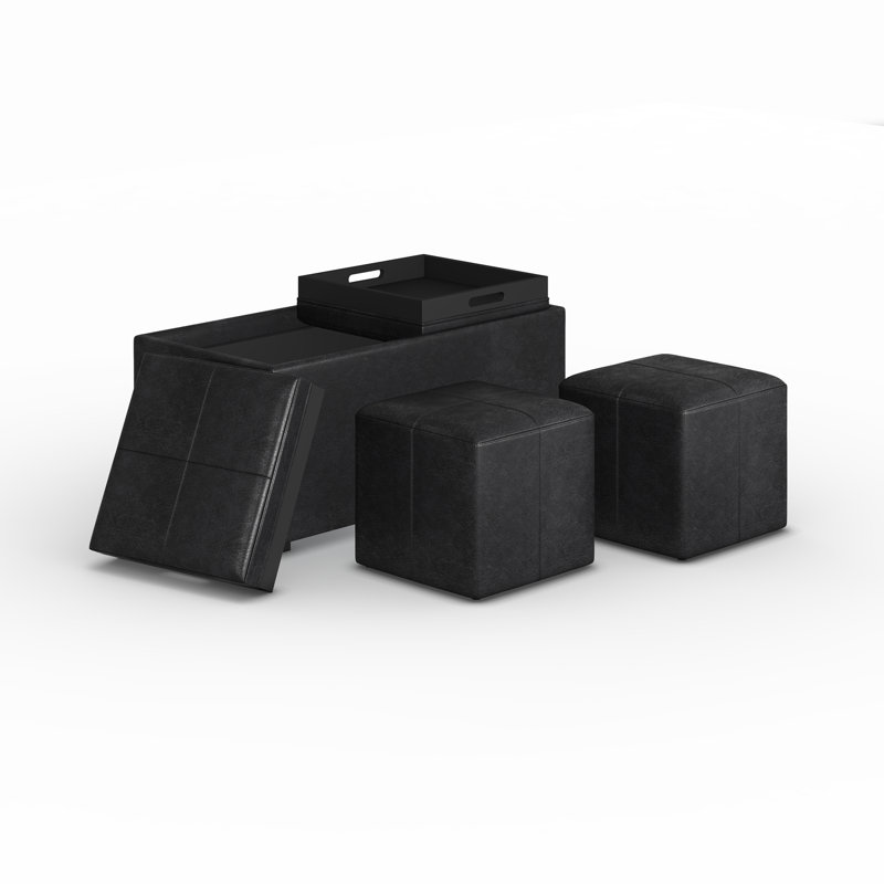 Avalon 35"W Upholstered Storage Ottoman Set with 5 Pieces and Flip-Over Serving Tray Lids, Distressed Black Faux Leather
