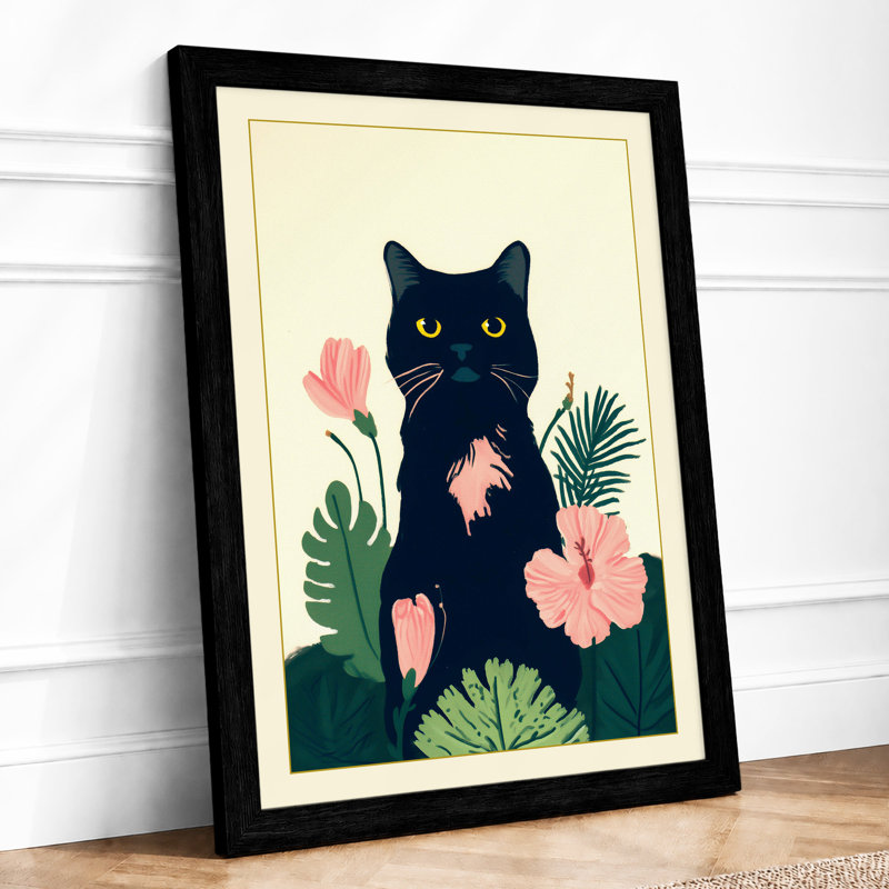 Cat Among Flowers Modern - Single Picture Frame Print, A2 - 59.4 x 42.0 cm, Black