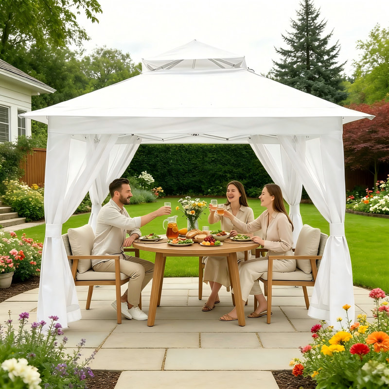 Pavillon de jardin escamotable 13 pi x 13 pi avec moustiquaire, auvent à deux niveaux robuste, cadre en métal pour la cour et la terrasse