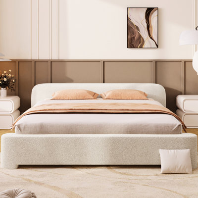 White Boucle Upholstered Full Bed, Flexible For Bedroom, Stable Frame, No Box Spring Needed, Effortless Cleaning - Size Seamless Interior Integration, Support, Spring, Easy To Clean