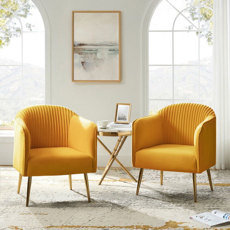 Fauteuil demi-tonneau en velours capitonné Ratzlaff, Velours moutarde