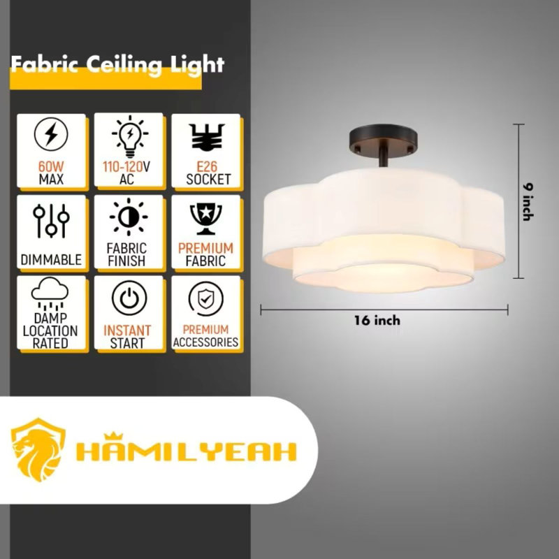 Scalloped Ceiling Light Fixture With Fabric Shade, 16 Inch Flush Mount Ceiling Light Flower Shaped, Double Layer Light Fixture Ceiling Mount For Living Room, Bedroom, Kitchen