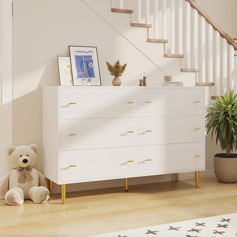 6-Drawer Dresser, Wood Construction, 47.2" W, Farmhouse Style for Bedroom and Living Room, White