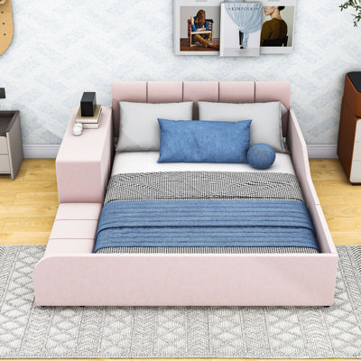 Wakeeny Velvet Upholstered Platform Bed with Bedside Desk