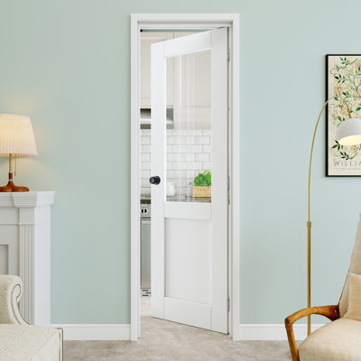 Porte intérieure pré-suspendue en verre transparent 24 po x 80 po avec bouton rond et charnières argentées 24 po x 80 po, dalle de porte en verre transparent, peint et imperméable, combinaison pour la lessive, portes de placard, portes de pièce, droite