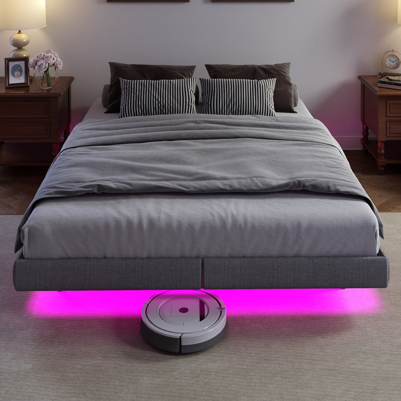 Floating Bed Frame with LED Lights, Modern Bed Frame with Storage Space, Platform Bed Frame, Easy to Assemble, King