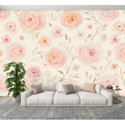 Papier peint adhésif moderne, roses, pêche, roses, pêche, délicatesse, papiers peints, H 69 po x l 96 po, papier peint amovible en PVC, adhésif pour chambre à coucher, bureau à domicile