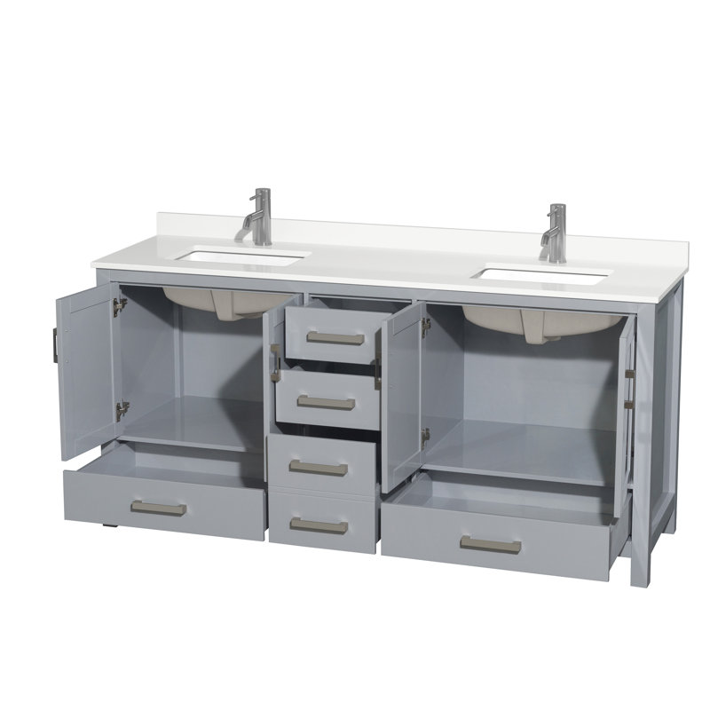 Sheffield 72" Freestanding Double Bathroom Vanity with Quartz Top, Chrome, Gray, White Quartz