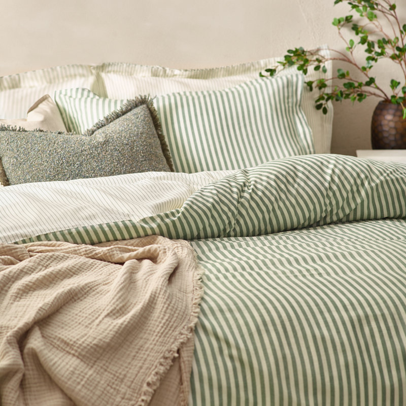Hebden Mélange Stripe 100% Cotton Duvet Cover Set, Double Duvet Cover + 2 Standard Pillowcases, Forest Green