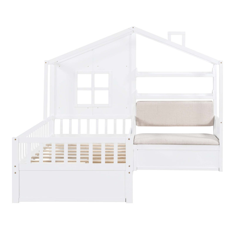 Lit simple avec canapé, lit plateforme pour enfants avec deux tiroirs et tablette de rangement