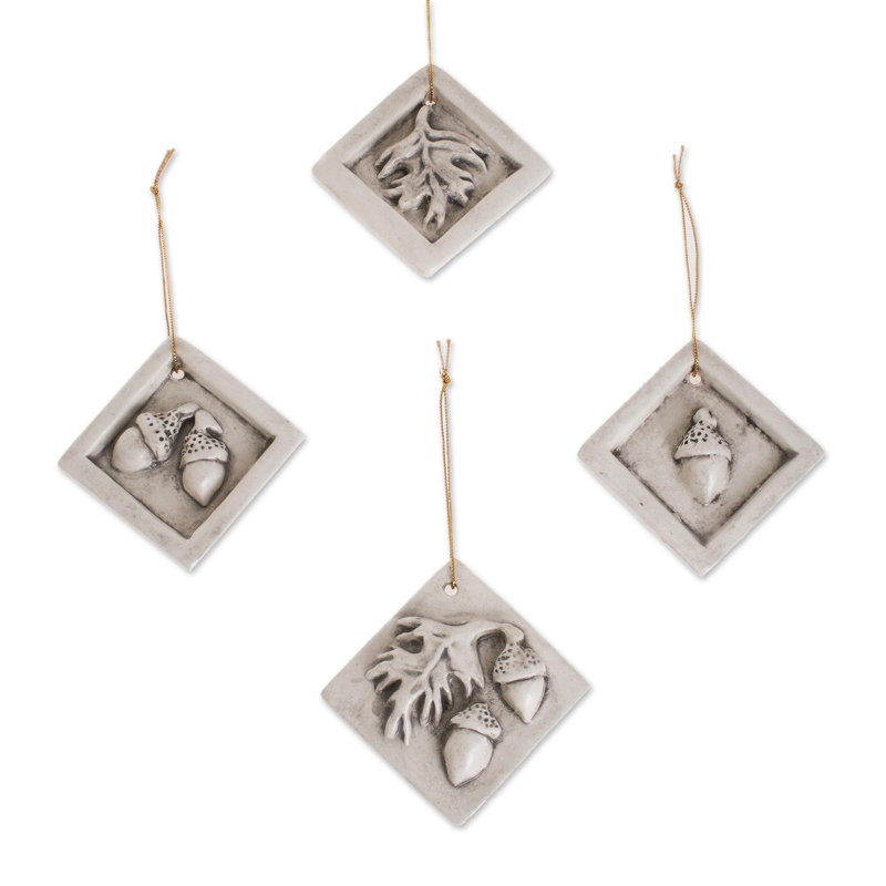 Ensemble d'ornement suspendu en céramique 4 pièces Acorn Leaves, Argent