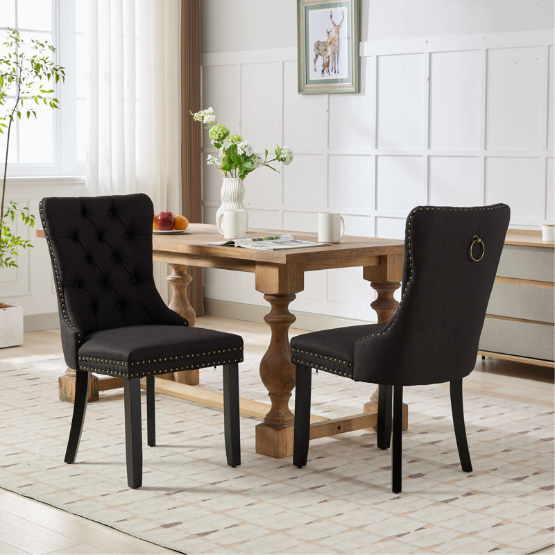 Ensemble de 2 chaises de salle à manger rembourrées en velours de haute qualité avec pieds en bois et garniture cloutée haut de gamme