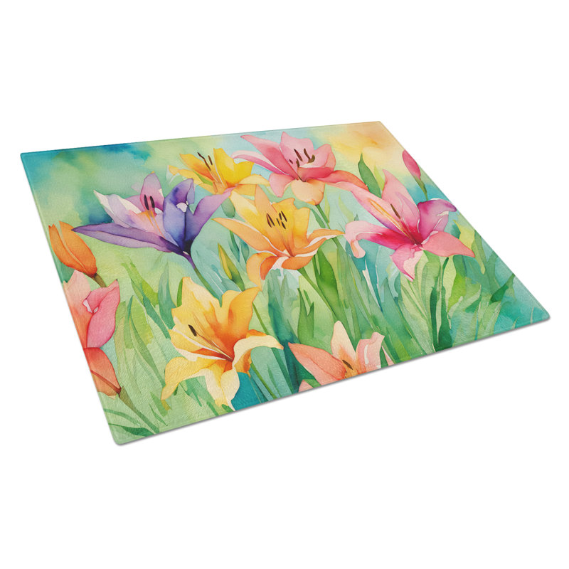 Lilies in Watercolor Glass Cutting Board Large
