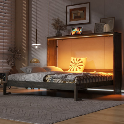 Queen Size Space-Saving Murphy Bed with LED Light, Foldable Wall Bed Cabinet, Desk Convertible, Compact & Functional,Brown