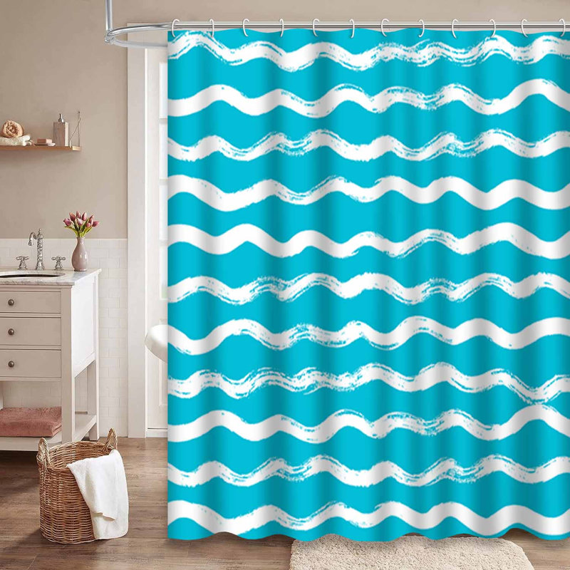 Rideau de douche abstrait à vagues abstraites bleu ondulé avec 12 crochets, L 72 po x l 72 po
