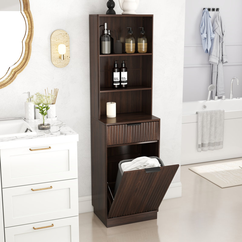 Tall Narrow Fluted Storage Cabinet with Hidden Trash Bin Compartment , Walnut Freestanding Cabinet, Fixed Open Shelves & Drawer, Anti‑Tip for Kitchen Home‑Office Living Room (Trash Can NOT Included)